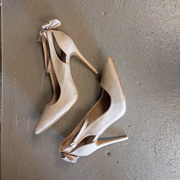 Jolimall Cream Colored,Bow-Tye Back, Adjustable Ankle Strap, Pointed Toe Heels - Picture 10 of 14